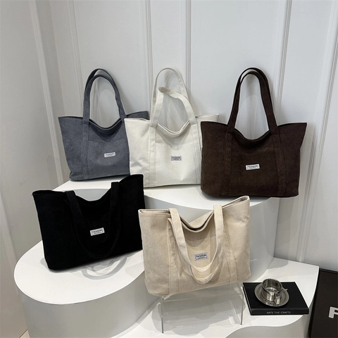 Dames Corduroy Tote Bag Grote Capaciteit Schoudertas Met Ritssluiting Casual Retro Stijl Voor Dagelijks Gebruik