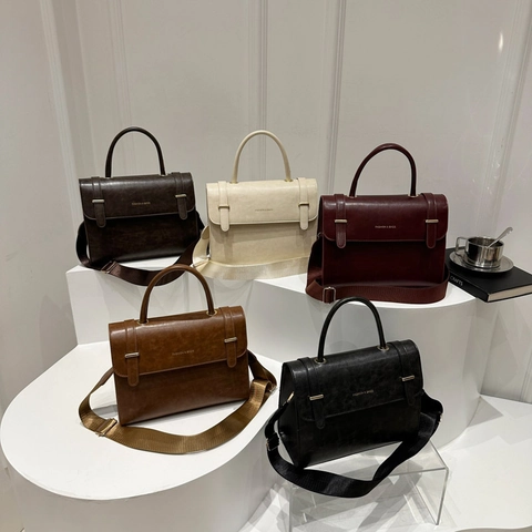 Women Vintage PU Leather Handbag Minimalist Crossbody Shoulder Bag With Wide Fabric Strap Fashion Flap Square Bag