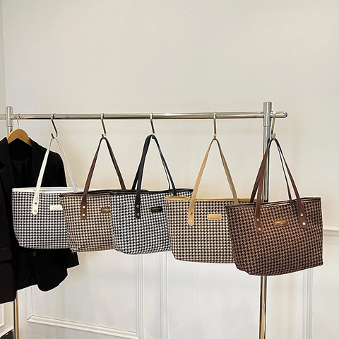 Sac Fourre-Tout Pied-De-Poule Femmes Vintage Tissu En Laine Grande Capacité Sac À Main Bandoulière Pour Bureau Et Quotidien