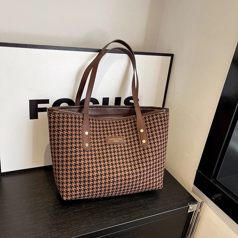 Sac Fourre-Tout Pied-De-Poule Femmes Vintage Tissu En Laine Grande Capacité Sac À Main Bandoulière Pour Bureau Et Quotidien