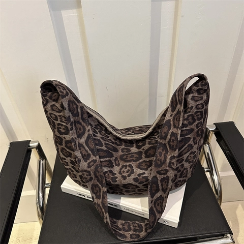 Borsa Hobo da Donna Retrò con Stampa Leopardata in Tela Grande Capacità Mezzaluna Borsa a Tracolla Casual Moda Tote con Cerniera