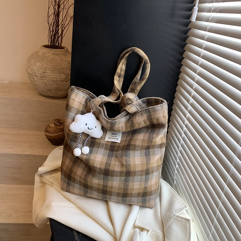 Retro Karierte Tragetasche Stoff Schulterhandtasche Mit Großer Kapazität Für Damen Studenten Wolkenanhänger