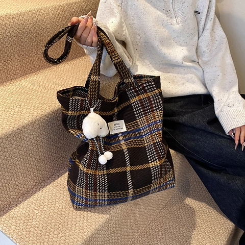 Retro Karierte Tragetasche Stoff Schulterhandtasche Mit Großer Kapazität Für Damen Studenten Wolkenanhänger