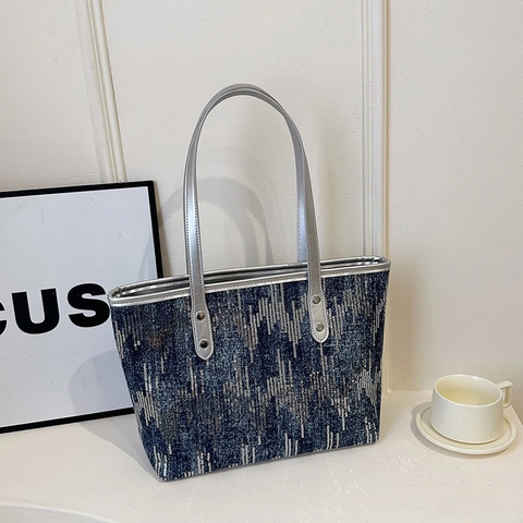 Sac Fourre-tout À Paillettes Pour Femmes Grande Capacité Toile Sac À Épaule Poignées Argentées Motif Vagues Style Urbain