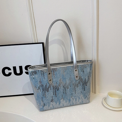 Sac Fourre-tout À Paillettes Pour Femmes Grande Capacité Toile Sac À Épaule Poignées Argentées Motif Vagues Style Urbain