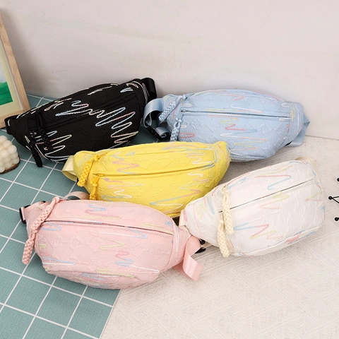 Corduroy Crossbody Bag Colorful Wave Embroidery Chest Bag Fashion Casual Dumpling Shape Shoulder Pack Adjustable Strap