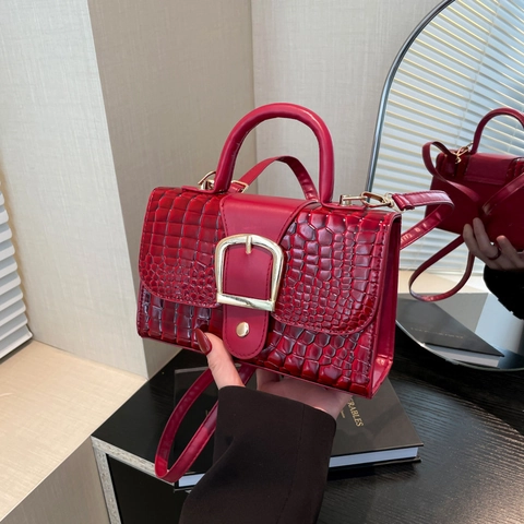 Women Crocodile Pattern Crossbody Bag PU Leather Top Handle Shoulder Handbag With Mini Pouch Gold Buckle Retro Fashion