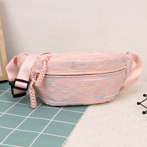 Corduroy Crossbody Bag Colorful Wave Embroidery Chest Bag Fashion Casual Dumpling Shape Shoulder Pack Adjustable Strap