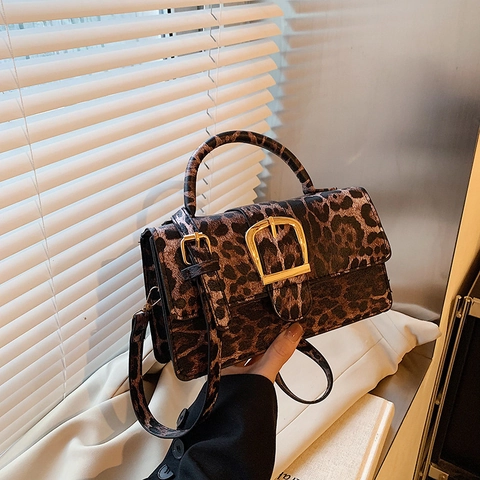 Damen Schultertasche Mit Leopardenmuster Umhängetasche PU Leder Retro Handtasche Kleine Quadratische Klappe Mit Goldschließe