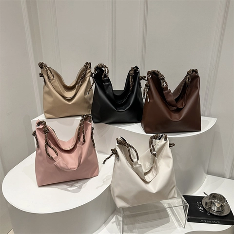 Women Large Capacity Tote Bag PU Leather Hobo Shoulder Bag With Woven Rope Knot Handle Retro Minimalist Commuter Handbag