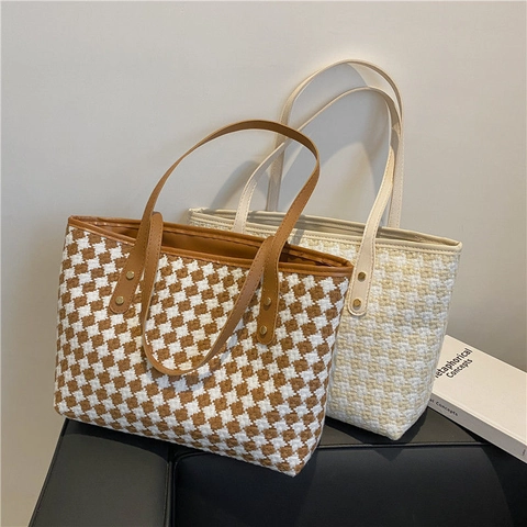 Große Kapazität Houndstooth Tote Bag Gewebte Tweed Handtasche Ledergriff Niete Vintage Pendler Umhängetasche