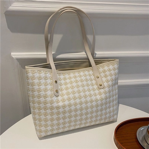 Große Kapazität Houndstooth Tote Bag Gewebte Tweed Handtasche Ledergriff Niete Vintage Pendler Umhängetasche