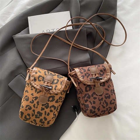 Leopard Print Crossbody Bag Faux Suede Mini Square Shoulder Purse With Toggle Closure Retro Fashion For Women