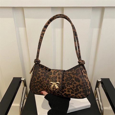 Sac Sous Les Aisselles Motif Léopard Cuir PU Baguette Sac À Épaule Boucle Noeud Doré Style Rétro Français Femmes