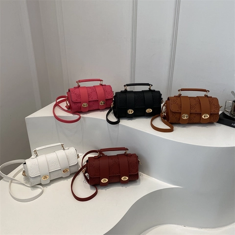French Retro Floral Embossed Boston Bag PU Leather Crossbody Handbag With Gold Twist Lock For Women