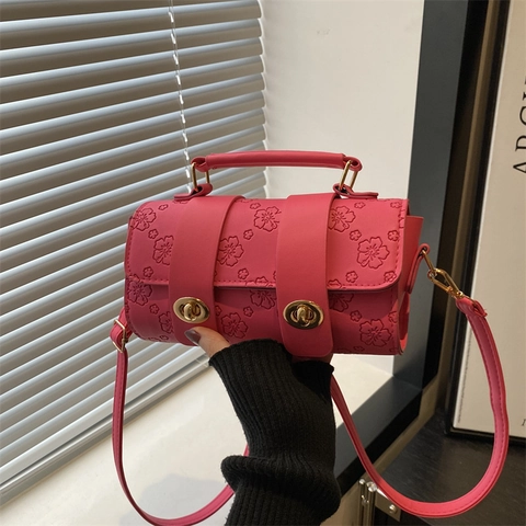 French Retro Floral Embossed Boston Bag PU Leather Crossbody Handbag With Gold Twist Lock For Women