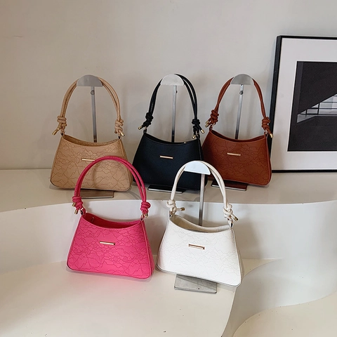 Women Lace Embossed PU Leather Underarm Bag Fashion Knot Strap Shoulder Bag Golden Metal Decor Solid Color Handbag