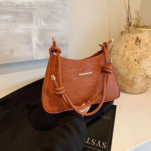 Women Lace Embossed PU Leather Underarm Bag Fashion Knot Strap Shoulder Bag Golden Metal Decor Solid Color Handbag