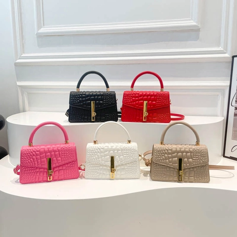 Croc Embossed PU Leather Handbag Women Small Square Crossbody Bag With Gold Metal Lock Top Handle Detachable Strap