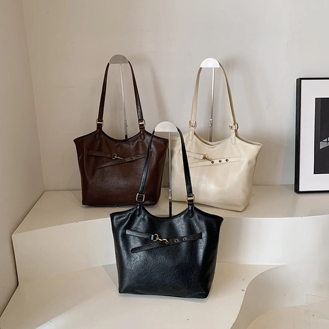 Bolso Tote Grande Para Mujer Cuero PU Bolso De Hombro De Axila Retro Color Sólido Bolso De Moda Para Conmutar