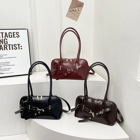 Retro Glossy PU Leather Underarm Bag For Women Large Capacity Tote Shoulder Bag Gold Hardware Commuter Zipper Handbag