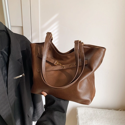 Bolso Tote Grande Para Mujer Cuero PU Bolso De Hombro De Axila Retro Color Sólido Bolso De Moda Para Conmutar