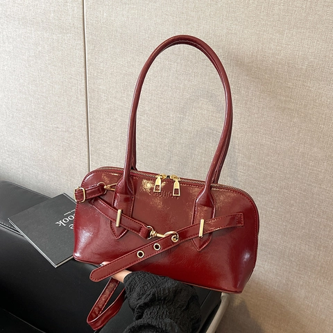 Retro Baguette Underarm Bag Glossy PU Leather With Adjustable Strap Vintage Bowling Handbag For Women Niche Style