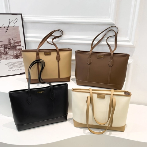 Contrast Color Patchwork Tote Bag For Women PU Leather Large Capacity Shoulder Bag Simple Commute Underarm Bag Handbag