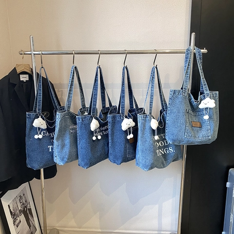 Large Capacity Denim Tote Bag For Women Casual Vintage Denim Canvas Shoulder Bag With Slogan Letter Print Daily Commute