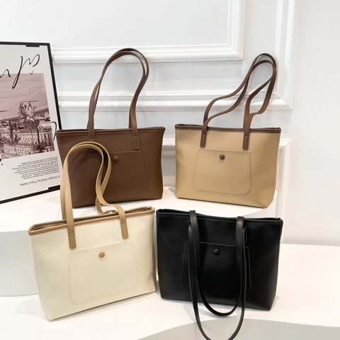 Minimalist Large Capacity PU Leather Tote Bag For Women Solid Color Casual Shoulder Bag With Front Pocket Office Handbag