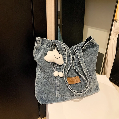 Large Capacity Denim Tote Bag For Women Casual Vintage Denim Canvas Shoulder Bag With Slogan Letter Print Daily Commute