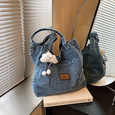 Vintage Denim Canvas Tote Bag Large Capacity Embroidered Shoulder Bag For Women Casual Commuter Student Handbag Daily Tote