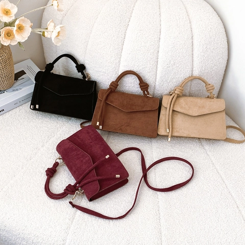 Retro Crossbody Bag Faux Suede PU Knot Top Handle Envelope Flap Gold Hardware Minimalist Small Square Shoulder Bag