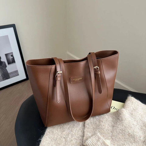 Women Tote Bag PU Leather Large Capacity Solid Color Adjustable Shoulder Straps Retro Casual Commuting Underarm Handbag