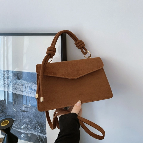 Retro Crossbody Bag Faux Suede PU Knot Top Handle Envelope Flap Gold Hardware Minimalist Small Square Shoulder Bag