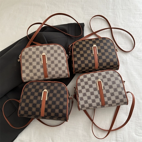 Women Vintage Checkered Crossbody Bag Retro Floral PU Leather Small Square Shoulder Bag Fashion Camera Bag For Ladies