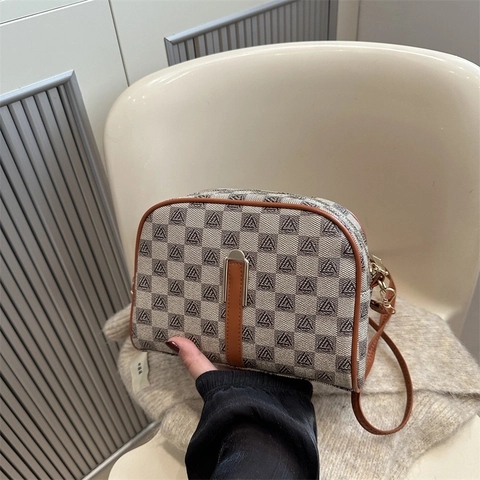 Women Vintage Checkered Crossbody Bag Retro Floral PU Leather Small Square Shoulder Bag Fashion Camera Bag For Ladies