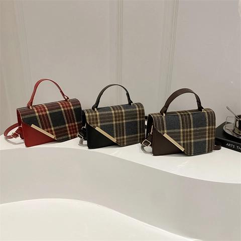 Retro Plaid Small Crossbody Bag Women PU Leather Handbag With Top Handle Metal Bar Decor Vintage British Style Commuter Bag