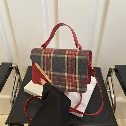 Retro Plaid Small Crossbody Bag Women PU Leather Handbag With Top Handle Metal Bar Decor Vintage British Style Commuter Bag