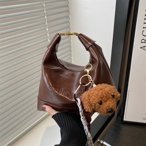 Vintage Hobo Bag For Women PU Leather Solid Color Shoulder Bag With Adjustable Strap And Plush Dog Charm Trendy