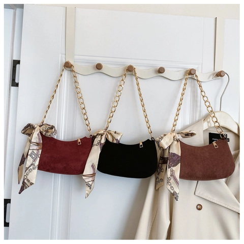 Bolso Cubo de PU Ante Vintage para Mujer Con Lazo de Bufanda Cadena de Oro Bolso de Hombro 2024 Moda Elegante