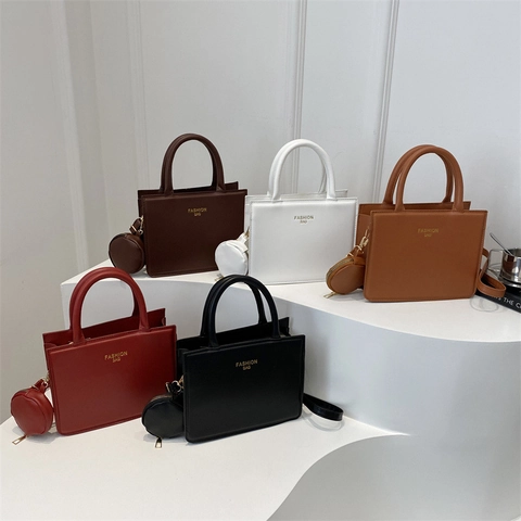 Women PU Leather Handbag Minimalist Shoulder Bag Vintage Square Tote With Mini Round Coin Purse Fashion Lettering