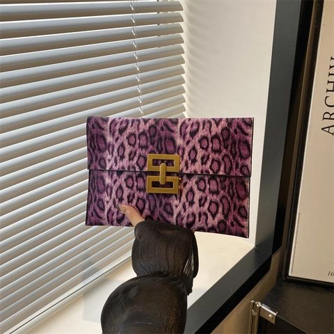 Leopard Print PU Leder Umschlag Clutch Tasche Abendhandtasche Goldschnalle Modisch Stilvoll Für Frauen