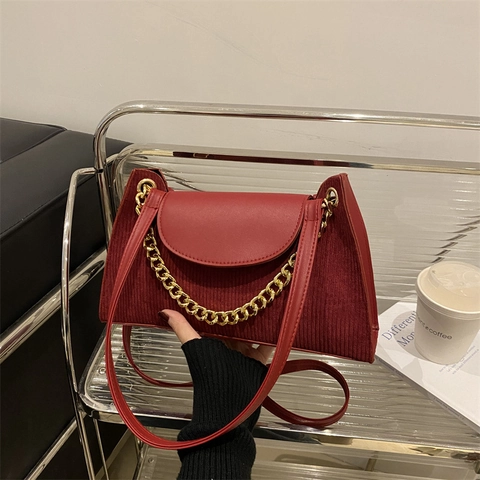 Vintage Corduroy And PU Leather Patchwork Underarm Shoulder Bag With Gold Chain Decoration For Women Daily Commuting