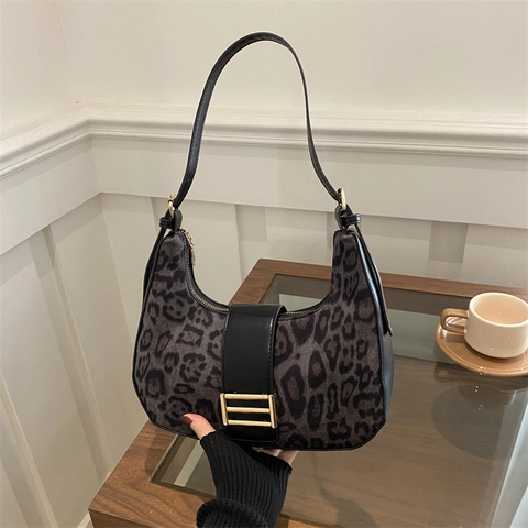 Borsa Sottobraccio da Donna alla Moda con Stampa Leopardata Vintage Pelle PU Hobo a Tracolla con Fibbia Dorata Mezzaluna