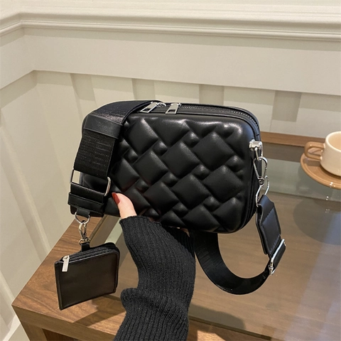 Quilted Diamond Pattern Crossbody Bag PU Leather Wide Strap Shoulder Bag With Detachable Coin Purse Camera Bag Women