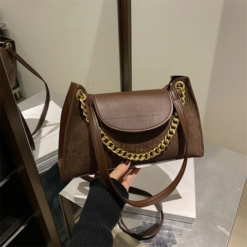 Women Vintage Corduroy PU Leather Splicing Shoulder Bag Fashion Gold Chain Crossbody Bag Small Square Satchel Purse For Autumn Winter