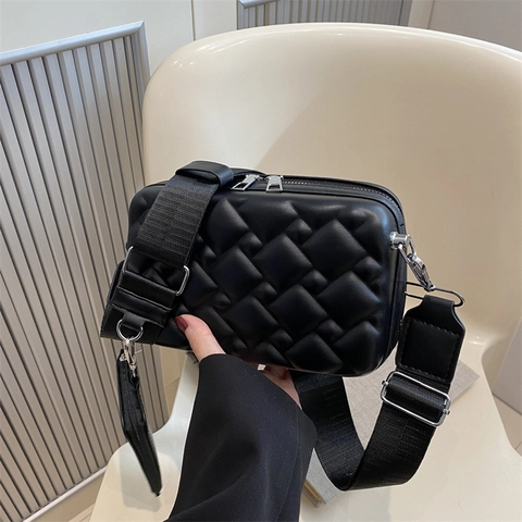 Women Quilted Crossbody Bag PU Leather Woven Texture Wide Strap With Detachable Mini Pouch Chic Square Fashion Camera Bag