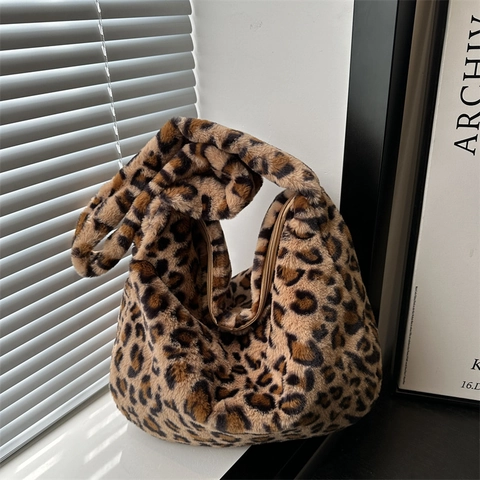 Borsa A Spalla In Peluche Maculata Leopardo Pelliccia Sintetica Grande Capacità Cerniera Casual Autunno Inverno