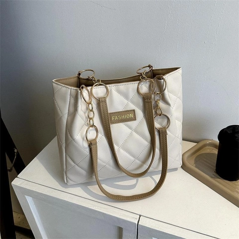 Large Capacity Quilted PU Leather Tote Bag For Women Fashion Rhombus Pattern Shoulder Handbag With Gold Alloy Chain Strap